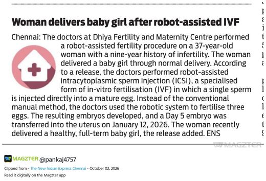 The New Indian Express: Woman delivers baby girl after robot-assisted IVF